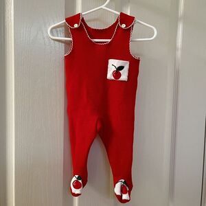 Vintage Absorba Red Cherry Sweater One Piece Footed Romper Girls Size 6 Months